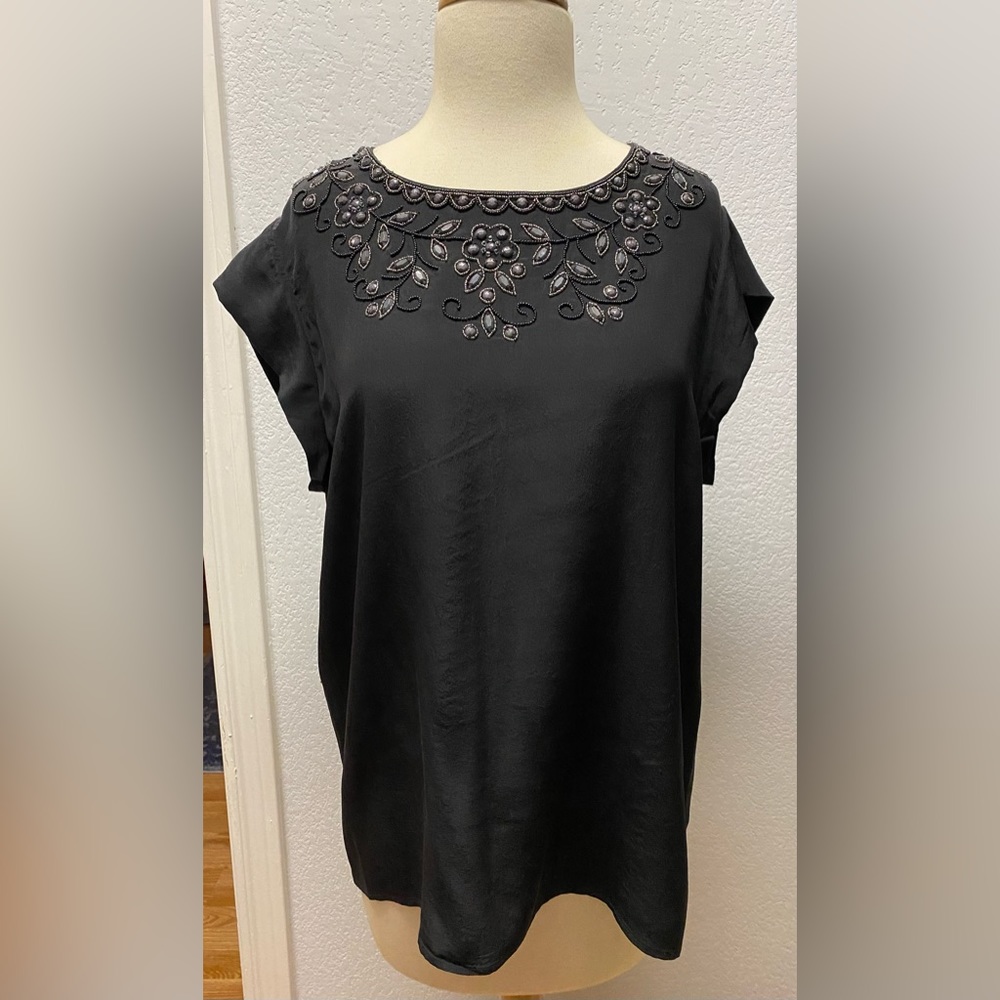 Joie Black Silk Beaded Blouse – Embellished Neckline, 100% Silk, Size Large